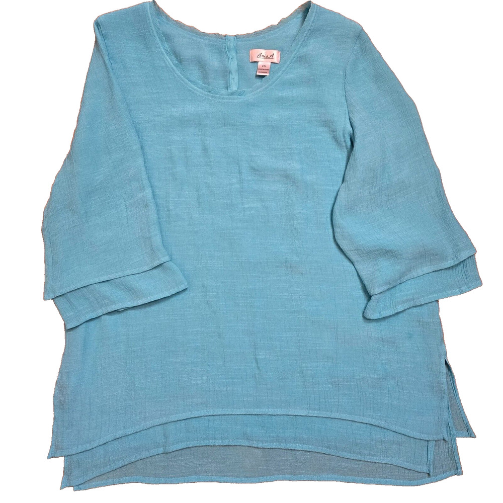 ARIS A Women's Casual Teal Blue Gauze Layered 3/4 Sleeve Pullover Size 2XL